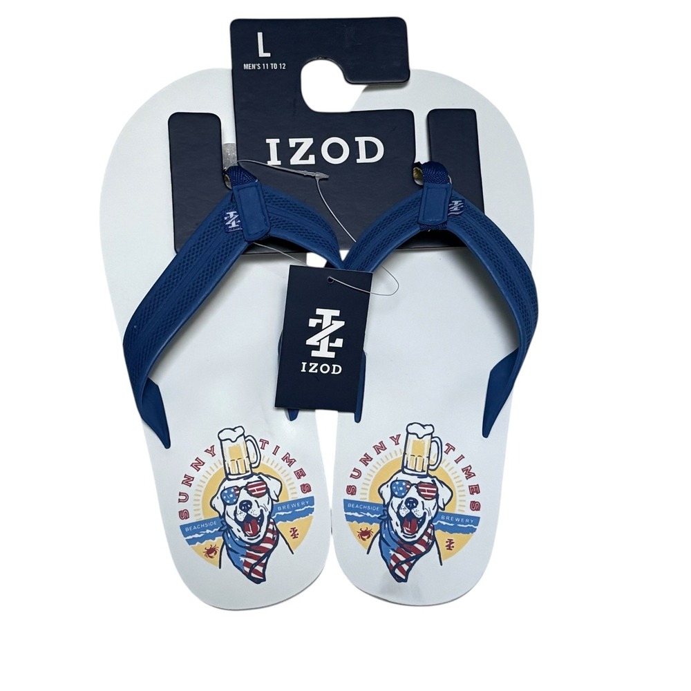 IZOD Mens Flip Flops Large 11-12‎ White Blue Sunny Times Brewery Dog Sandals NEW